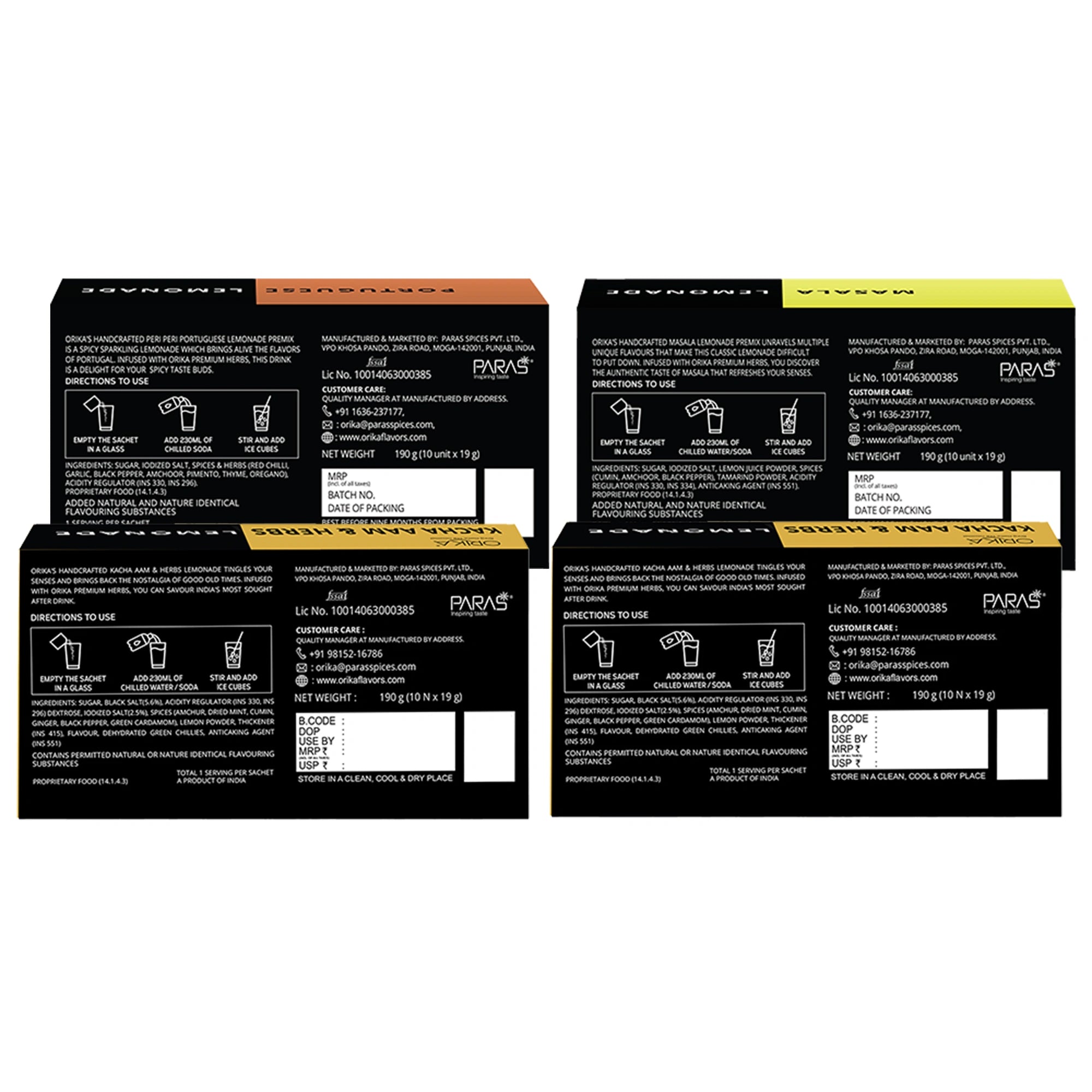 Orika Kacha Aam, Masala, Portuguese, Jaljeera Lemonade Pack of 4, 190g/each